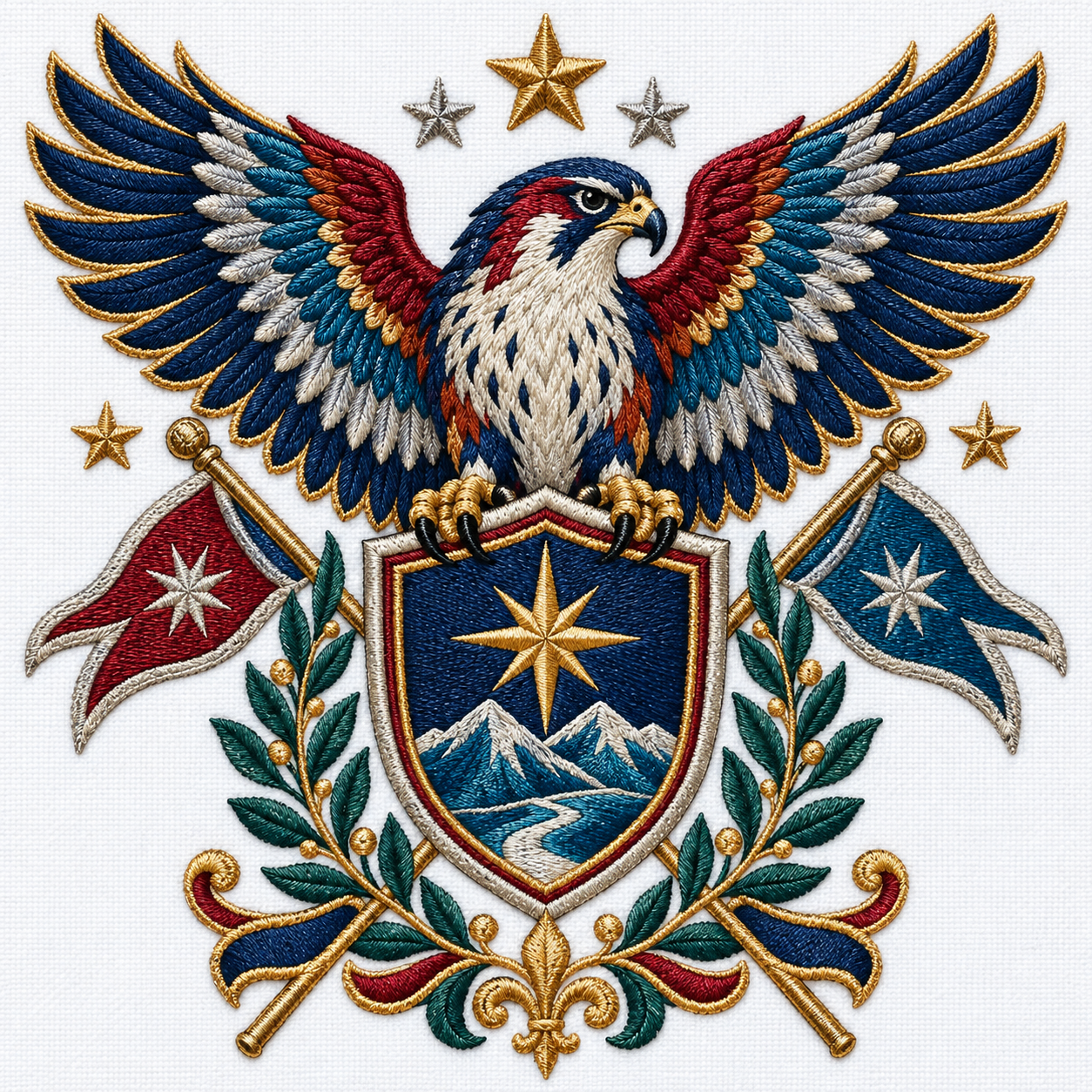 Multicolor embroidered athletics crest on white fabric